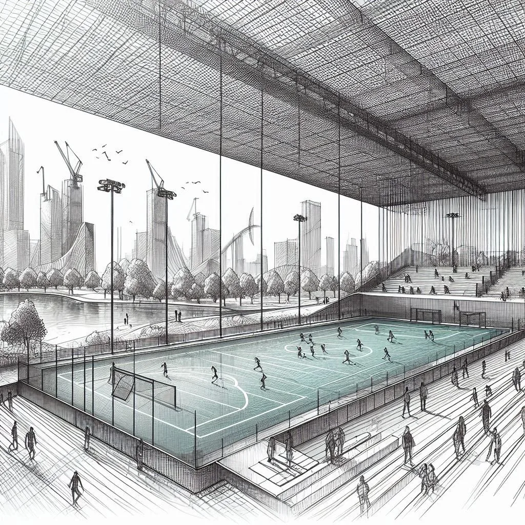 Architectural sketch of a versatile sports facility