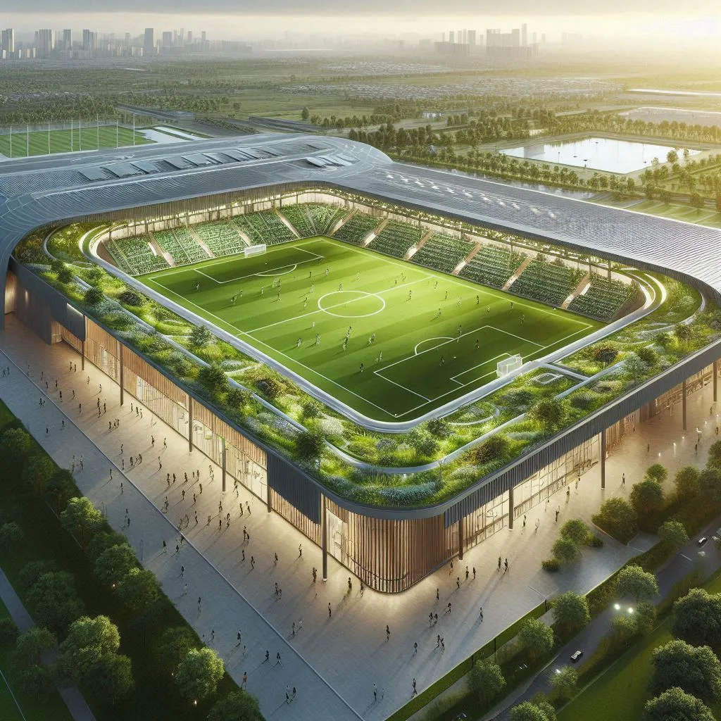 A digital rendering of an innovative sports facility featuring modern design elements.