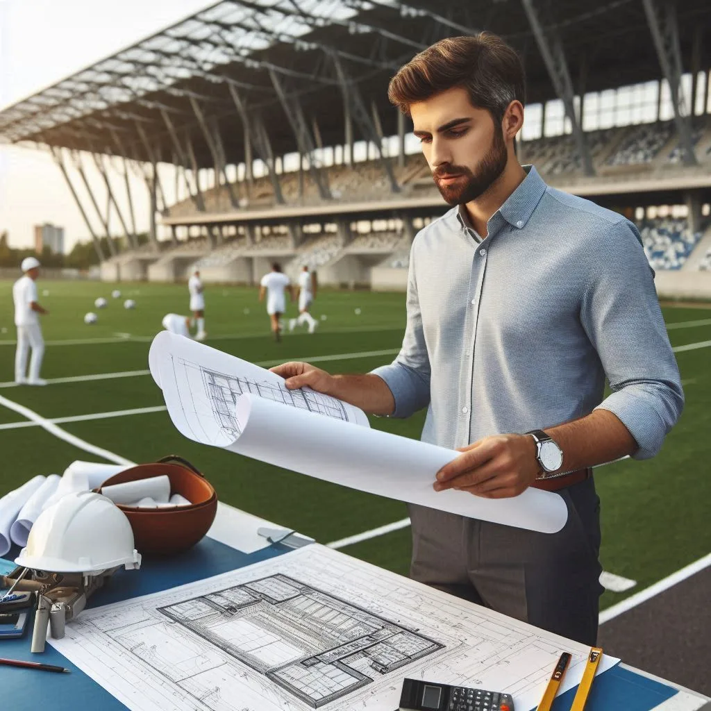 An AI image of an engineer reviewing blueprints at a sports facility construction site.