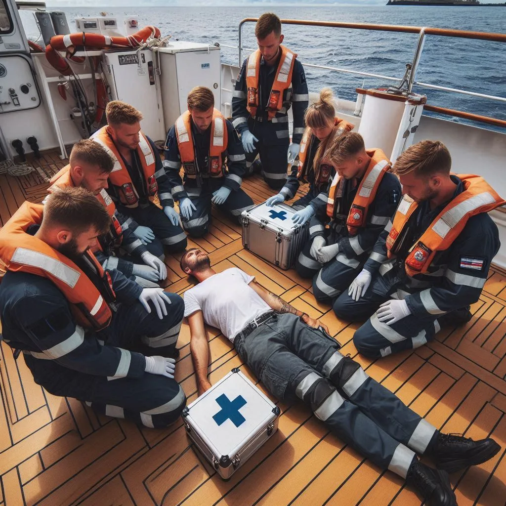 An image of a first aid training session on a boat, demonstrating the importance of crew training in handling emergencies