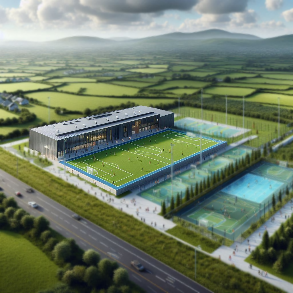 An AI rendering of an innovative sports facility featuring modern design elements.