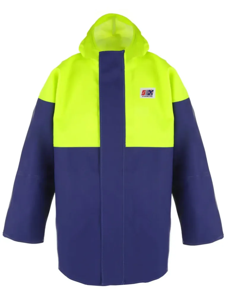 Image of Stormline Waterproof Jacket: "Stormline waterproof jacket in vibrant neon yellow, designed for maximum visibility and protection against harsh weather conditions at sea