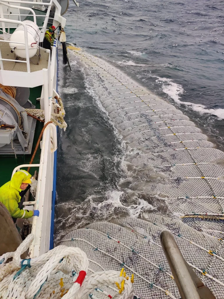 A codend at sea, with a clear view of the ribcage support system