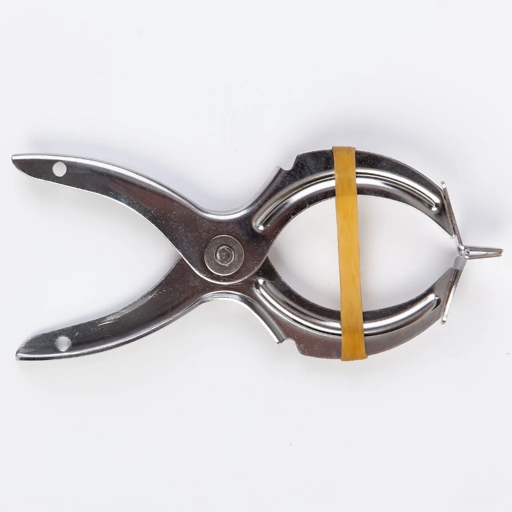 Stainless steel lobster banding tool with a rubber grip, designed for securely and efficiently banding lobster and crab claws.