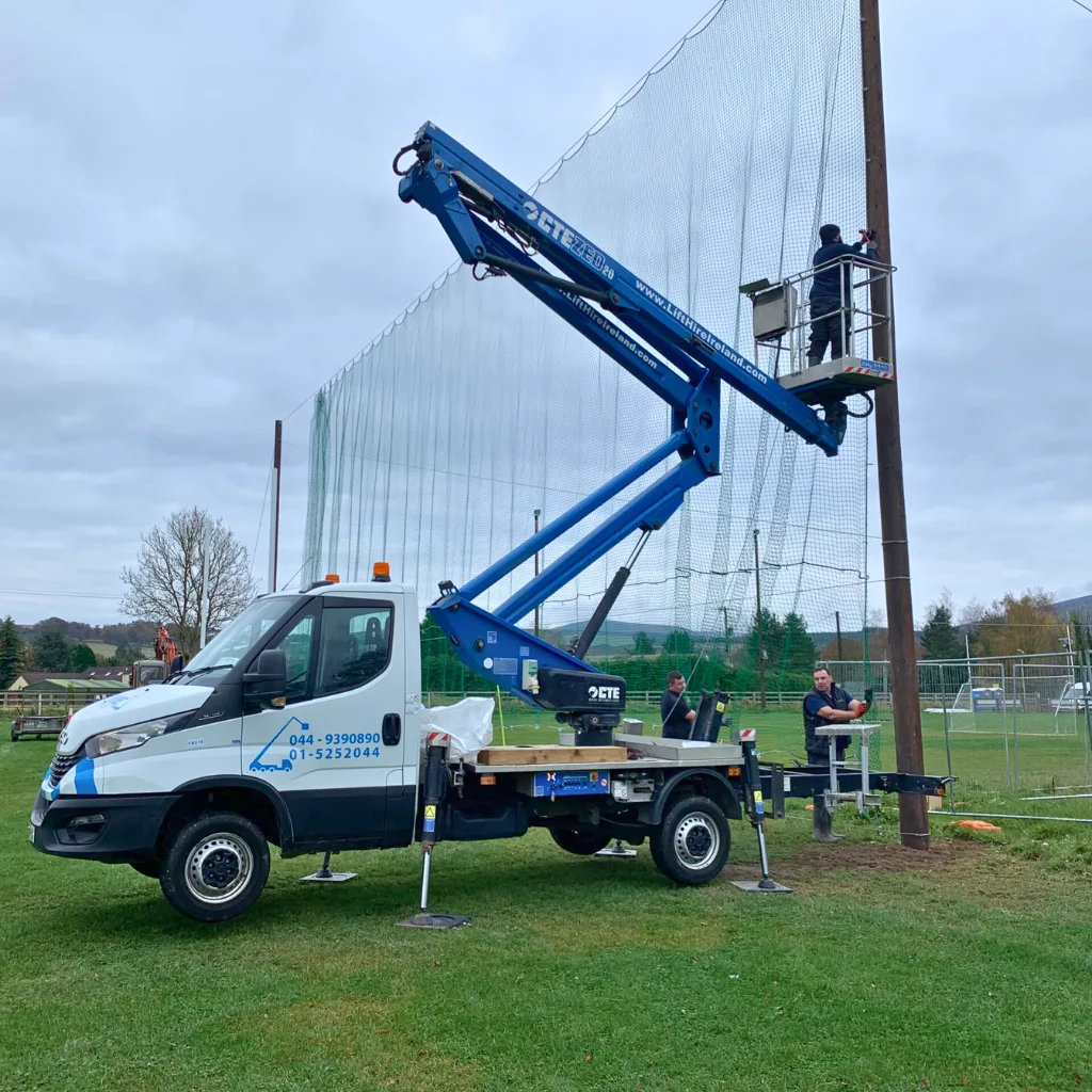 Sports net installation, timber poles, steel poles, secure fastening, professional installation, time-saving, weather-resistant, Ireland sports facilities, durable sports nets